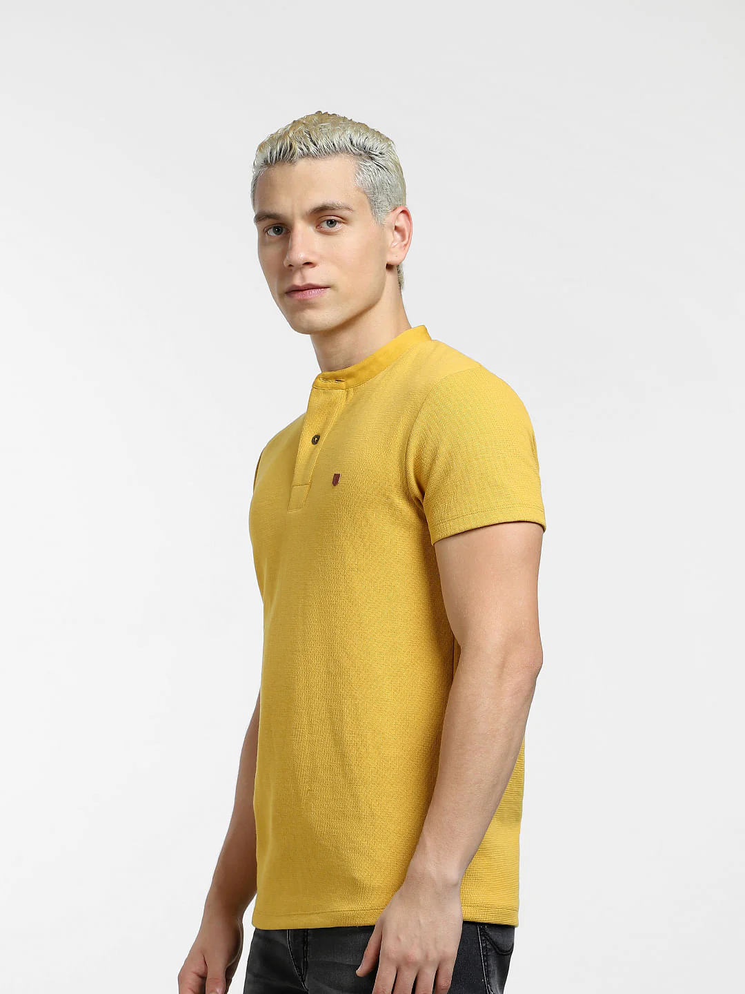Yellow Cotton Henley T-shirt - Image 3