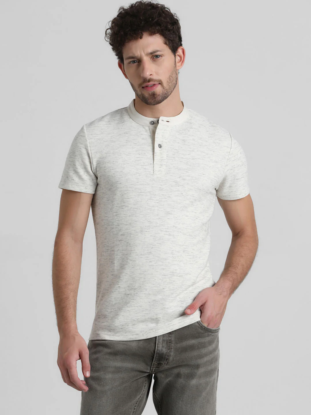 White Cotton Henley T-shirt - Image 2