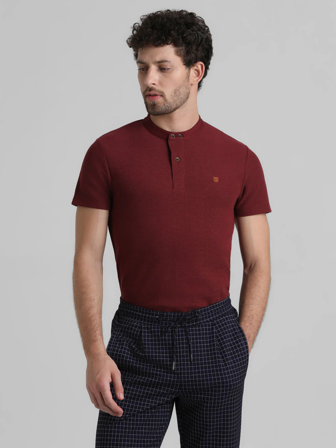 Dark Red Cotton Henley T-shirt - Image 2