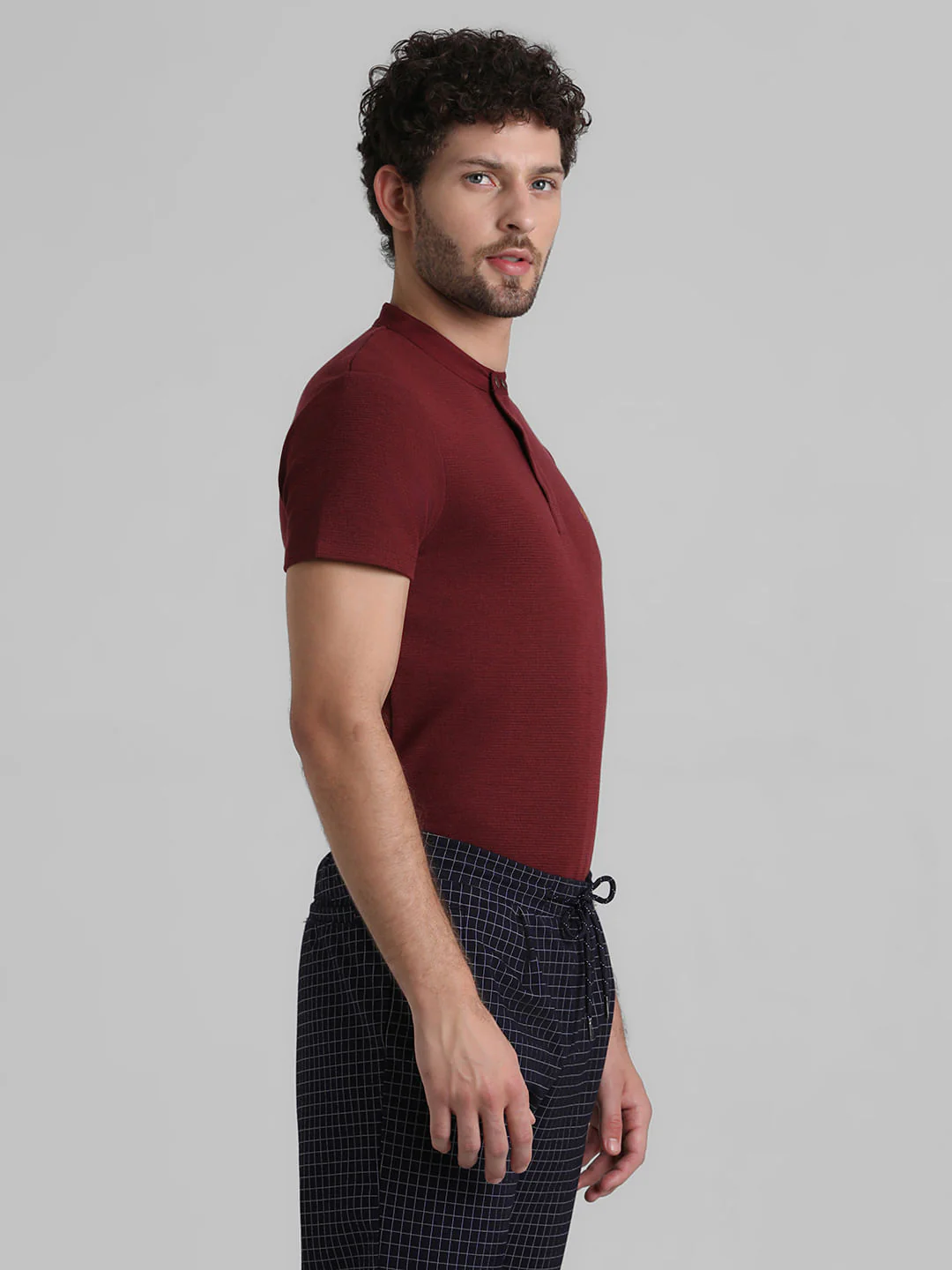 Dark Red Cotton Henley T-shirt - Image 3