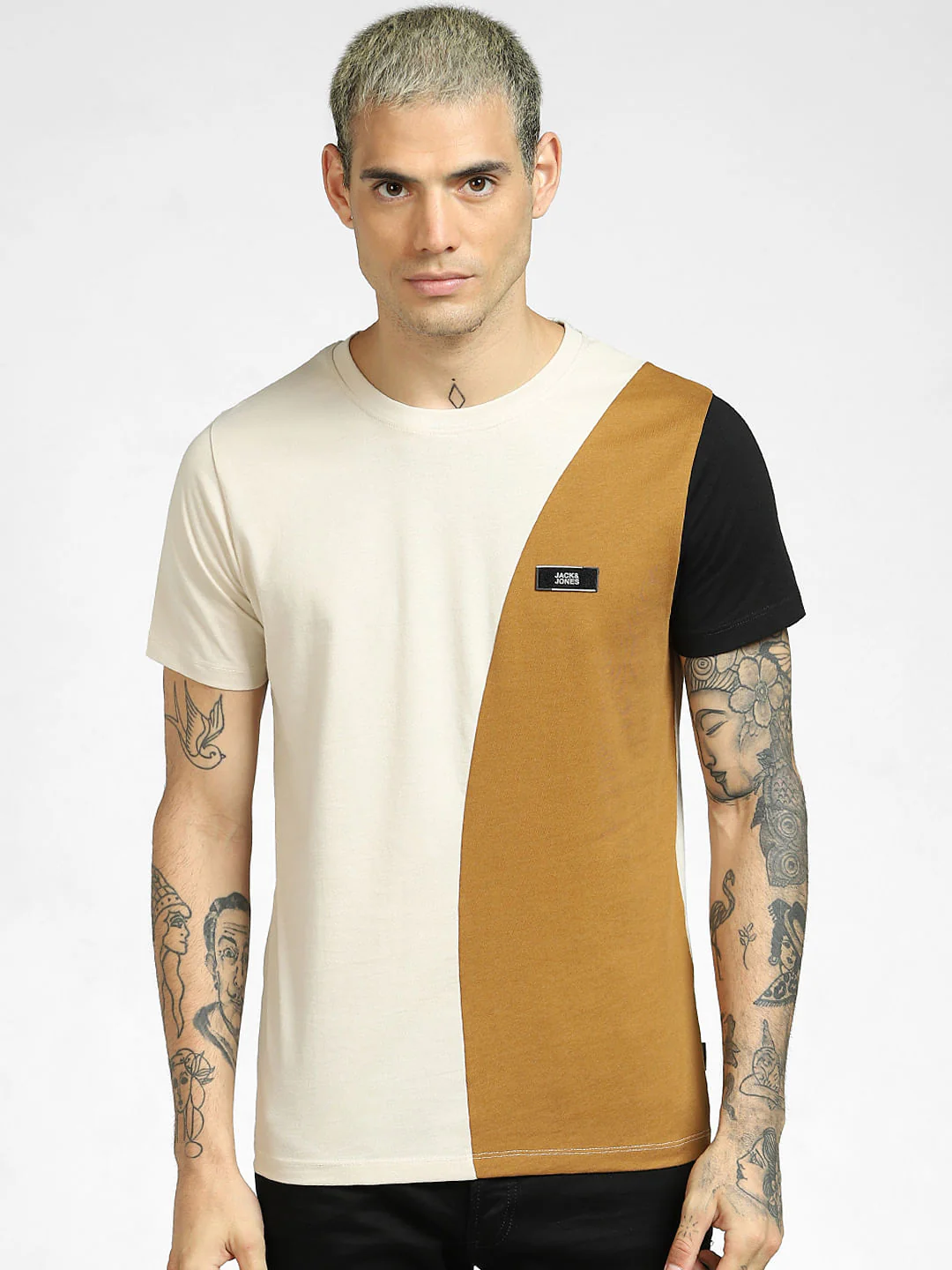 Brown Colourblocked Crew Neck T-shirt - Image 2
