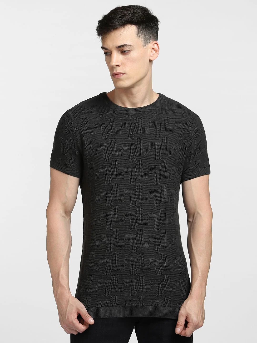 BLACK KNIT CREW NECK T-SHIRT - Image 2
