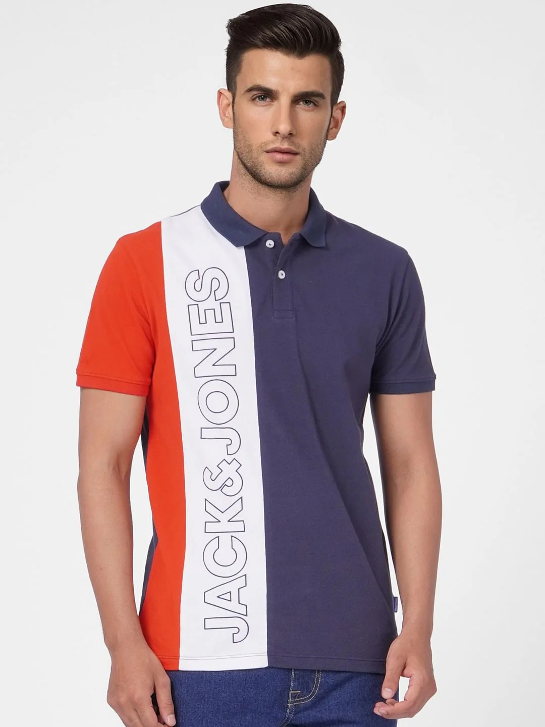 Navy Blue Colourblocked Polo T-shirt - Image 2