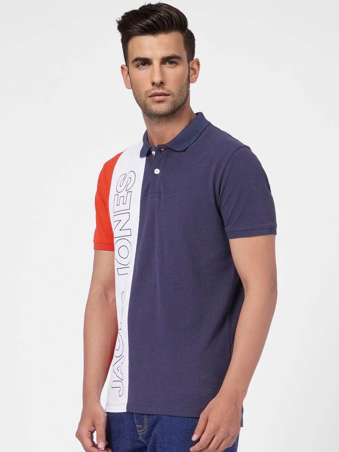 Navy Blue Colourblocked Polo T-shirt - Image 3