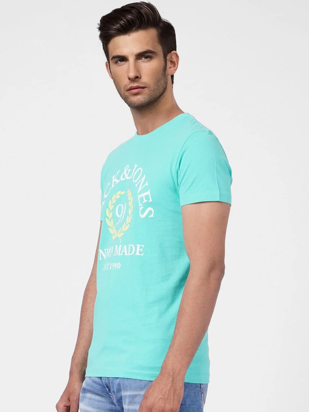 Turquoise Blue Graphic Print Crew Neck T-shirt - Image 3