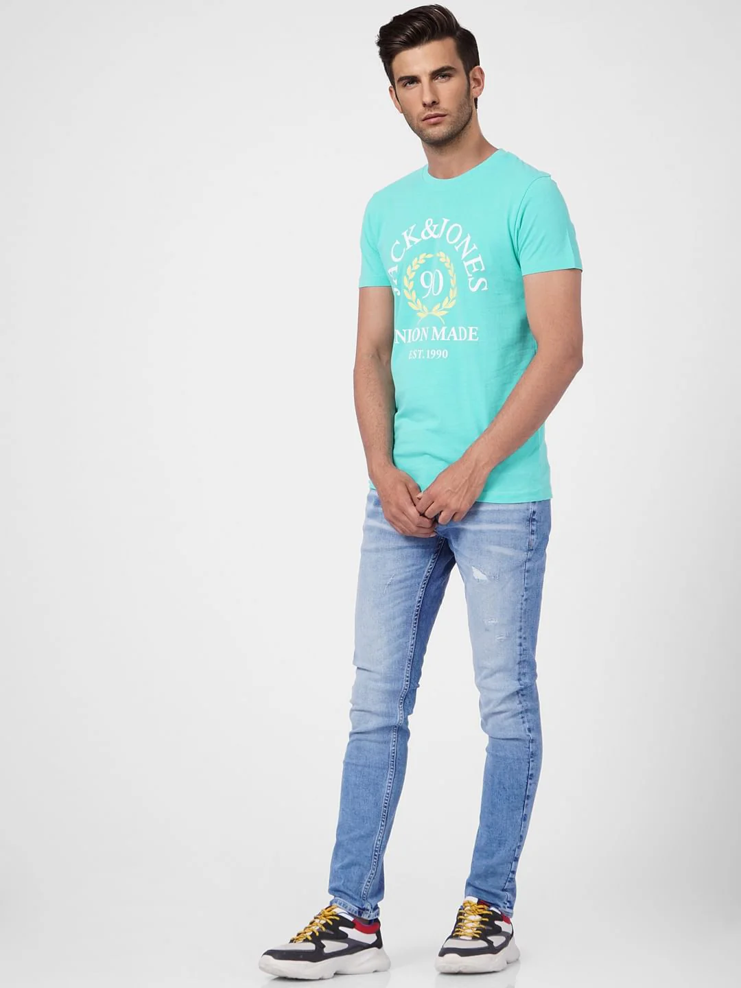 Turquoise Blue Graphic Print Crew Neck T-shirt - Image 6