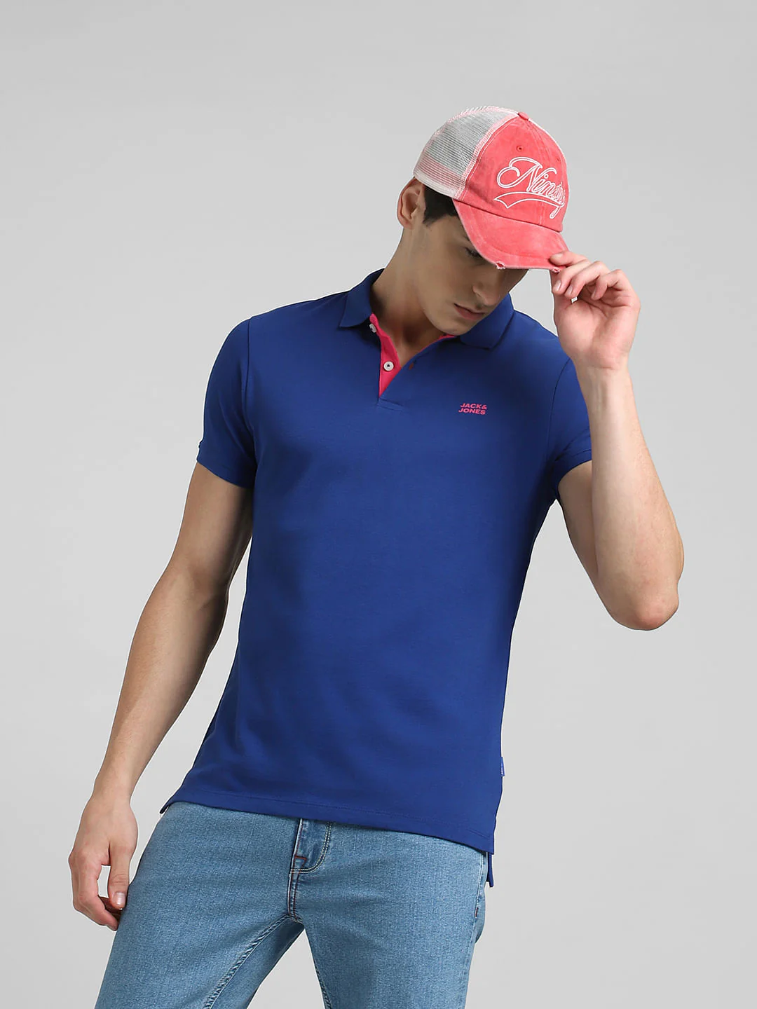 Blue Logo Print Polo Neck T-shirt