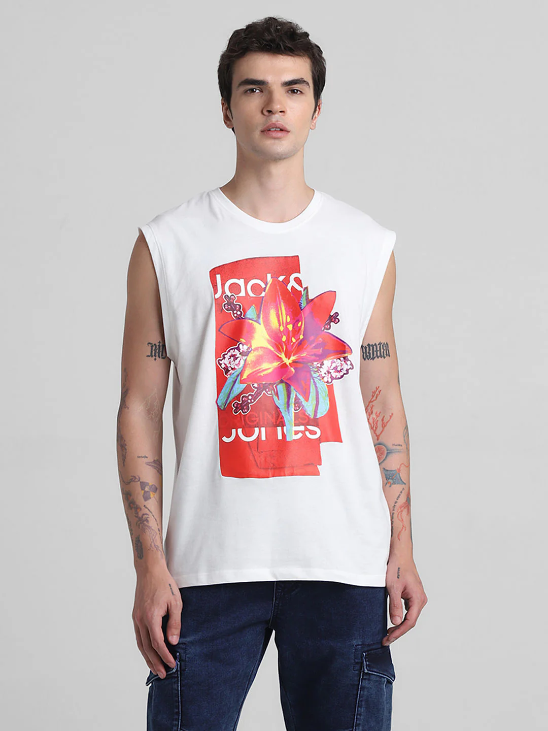 White Printed Sleeveless T-shirt - Image 2