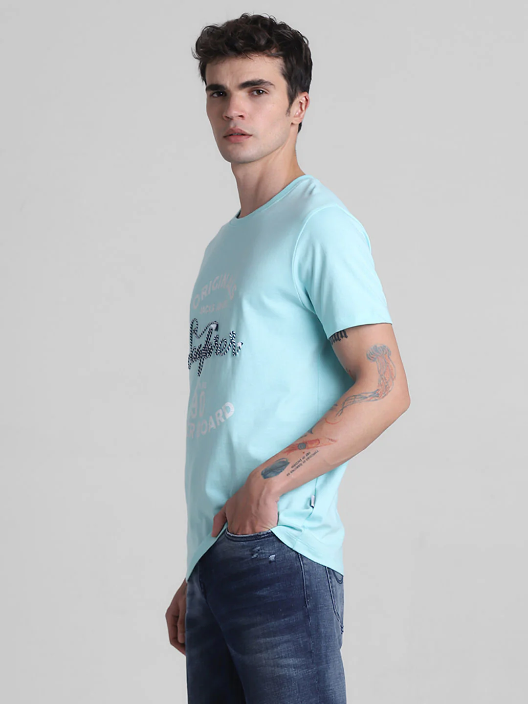 Blue Embroidered Crew Neck T-shirt - Image 3