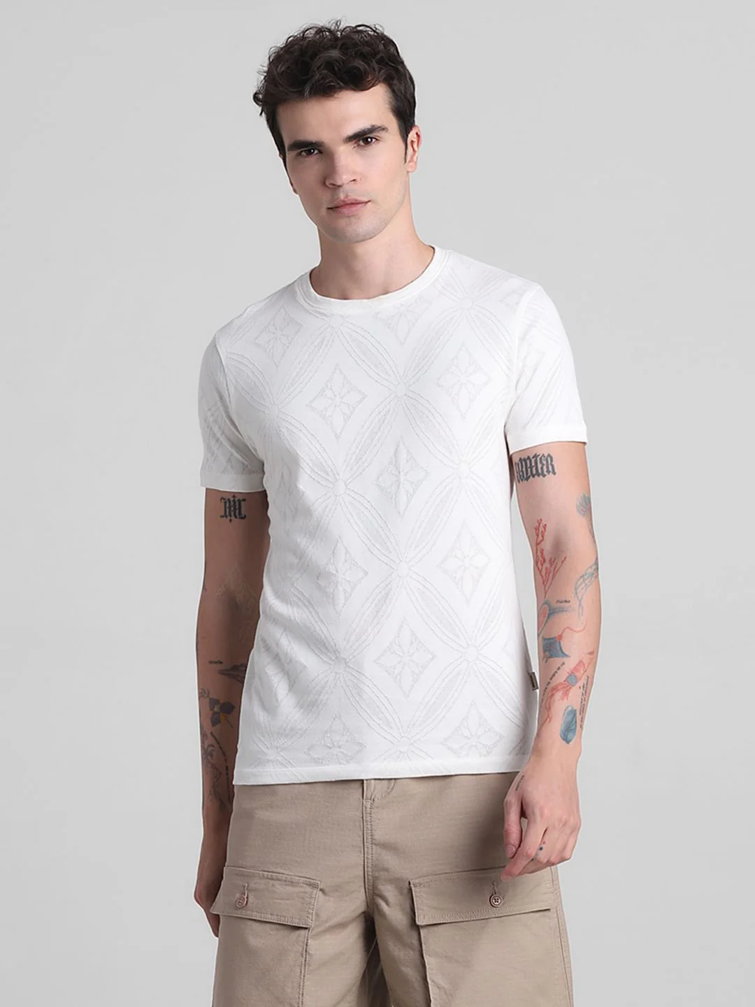 White Printed Jacquard Cotton T-shirt - Image 2