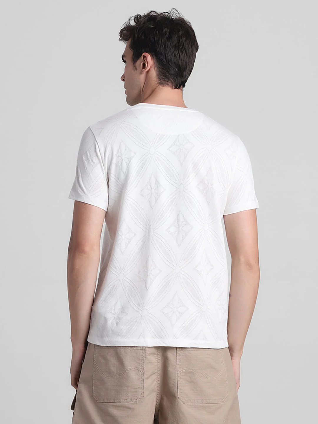 White Printed Jacquard Cotton T-shirt - Image 4