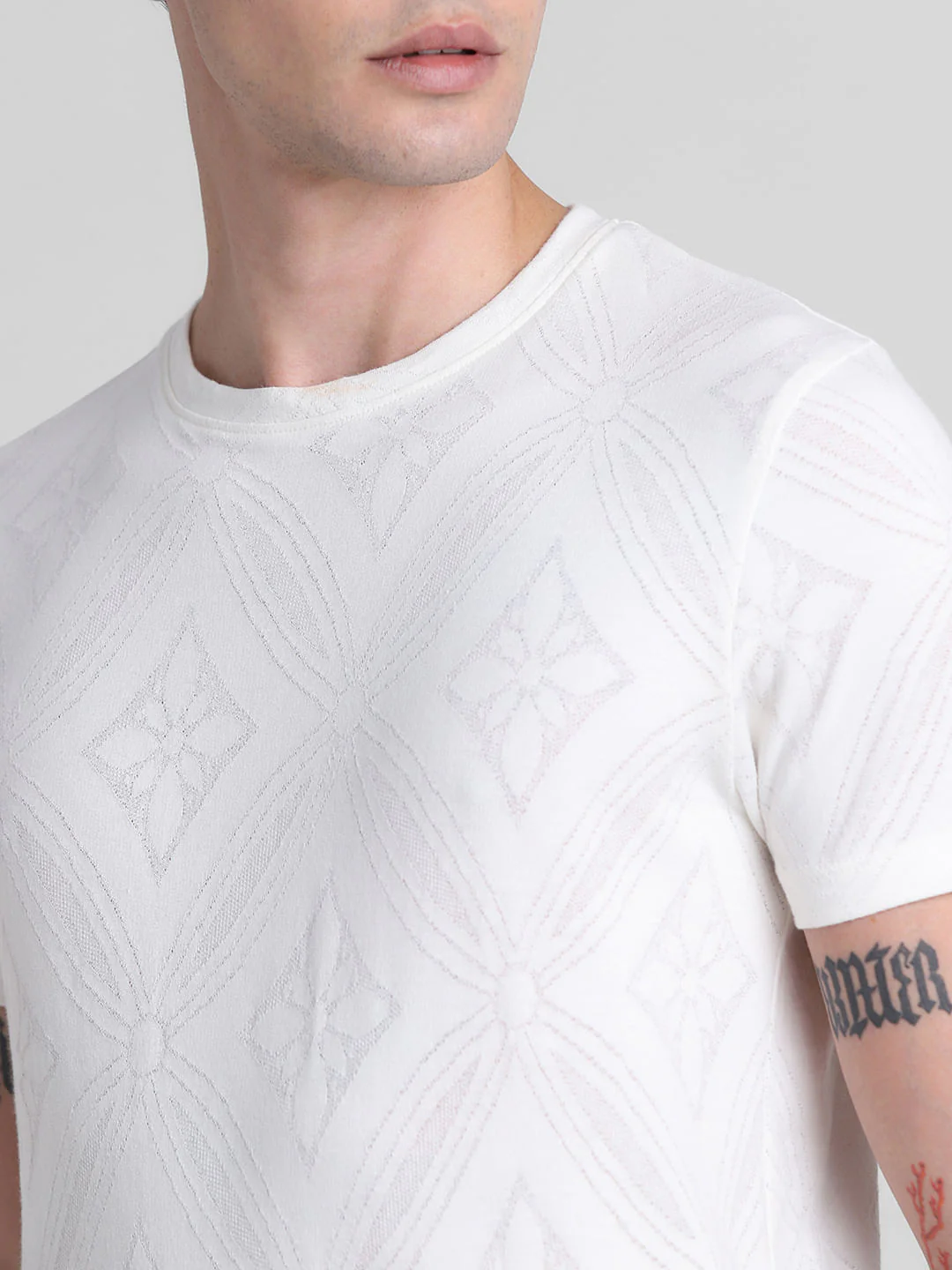 White Printed Jacquard Cotton T-shirt - Image 5