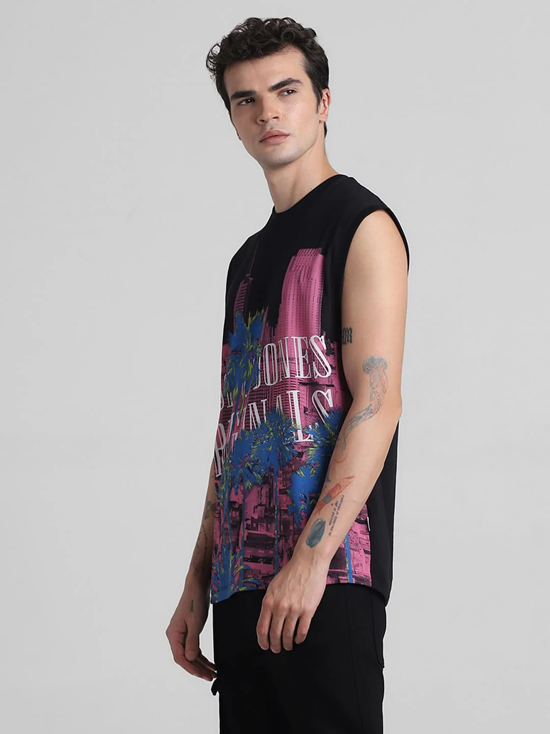 Black Tropical Print Sleeveless T-shirt - Image 3
