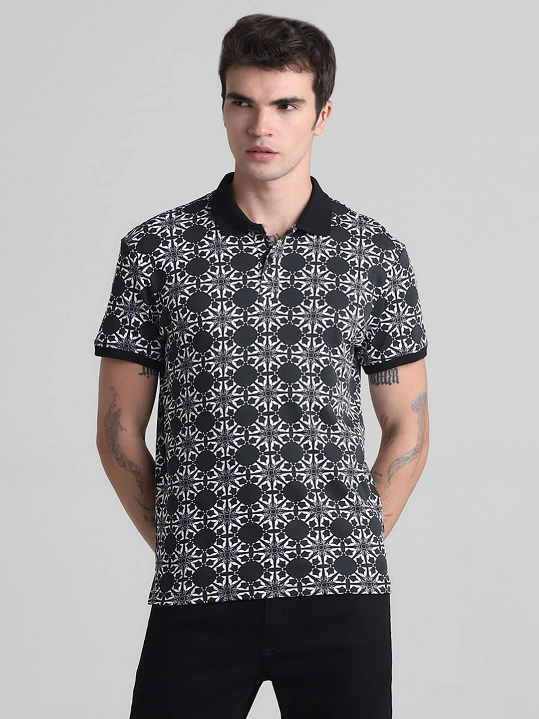 Black Abstract Print Polo T-shirt - Image 2