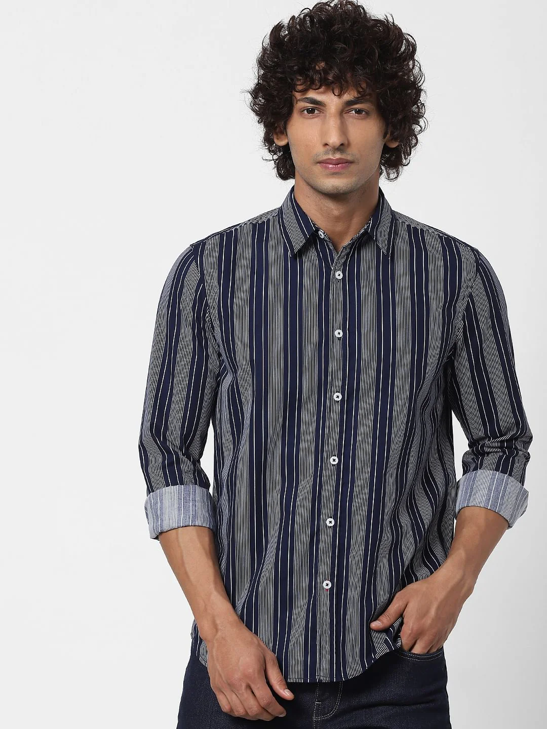 Blue Striped Full Sleeves Shirt - Image 2