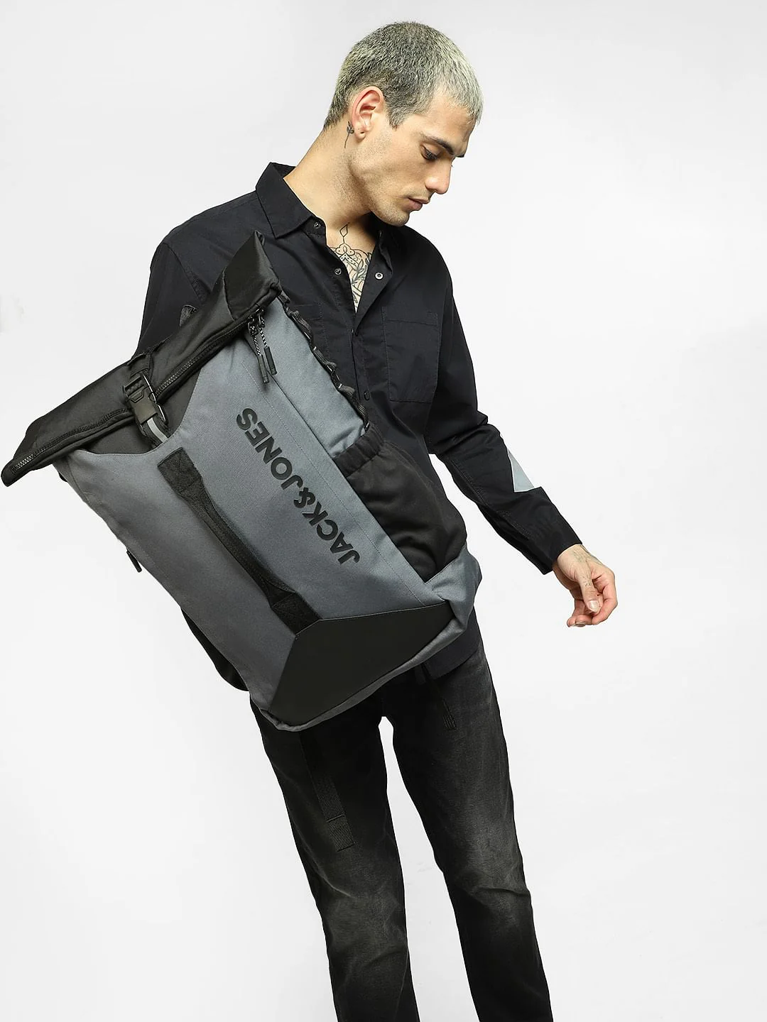Grey Colourblocked Roll Top Backpack