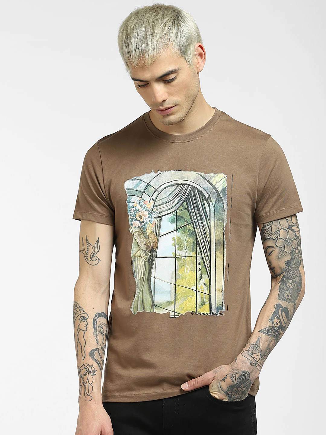 Brown Graphic Print Crew Neck T-shirt - Image 2