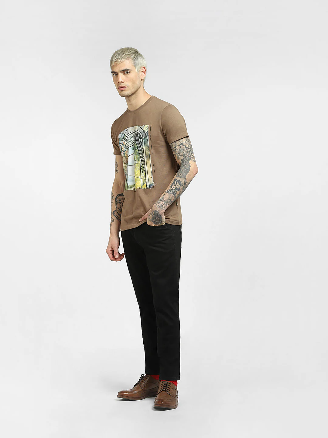 Brown Graphic Print Crew Neck T-shirt - Image 6