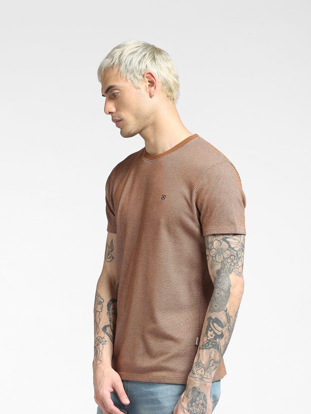 Brown Jacquard Crew Neck T-shirt - Image 3