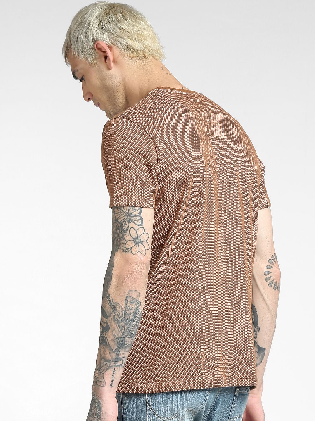 Brown Jacquard Crew Neck T-shirt - Image 4