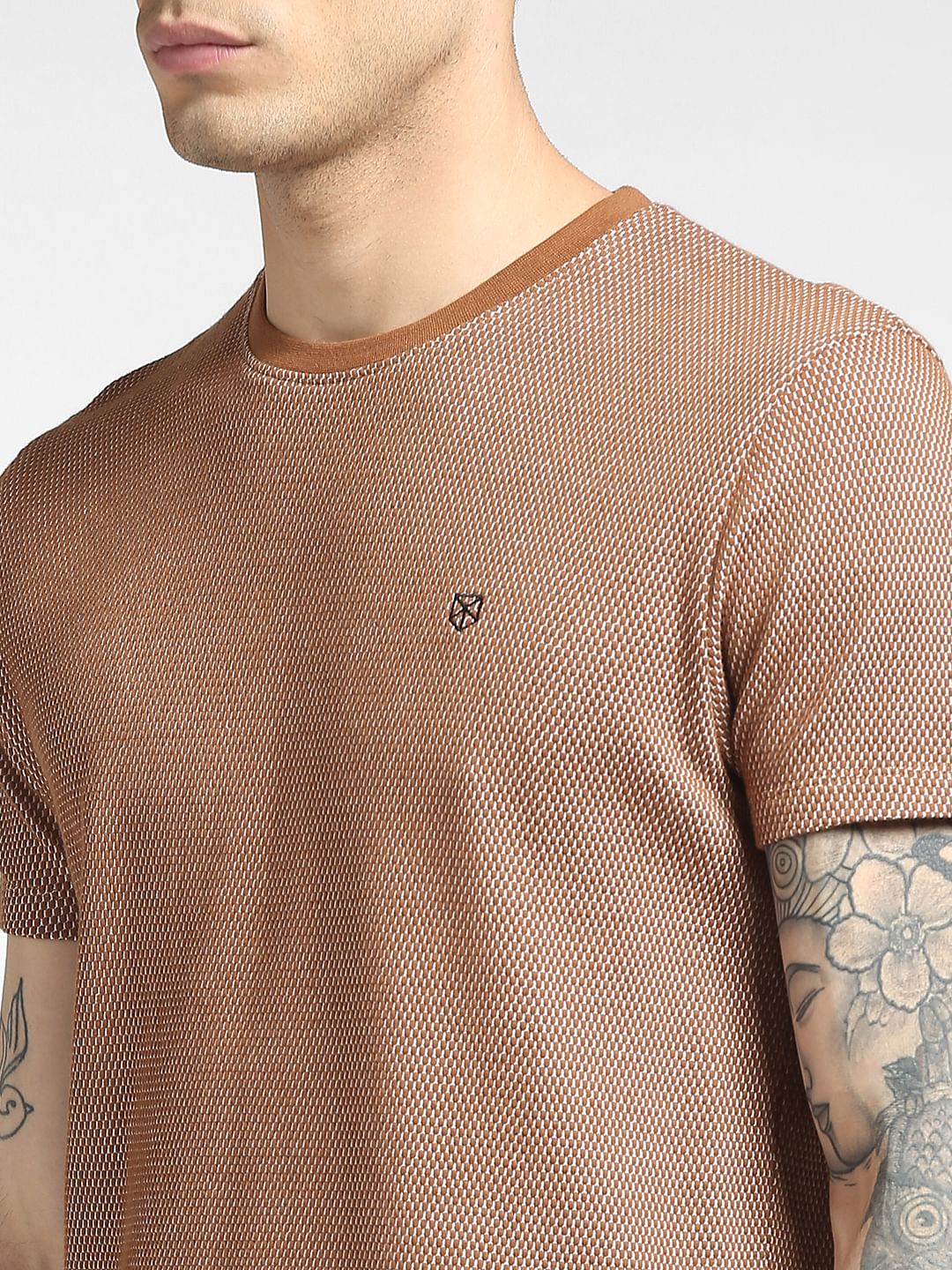 Brown Jacquard Crew Neck T-shirt - Image 5