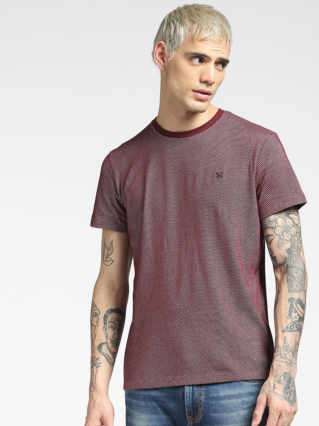 Maroon Jacquard Crew Neck T-shirt - Image 2