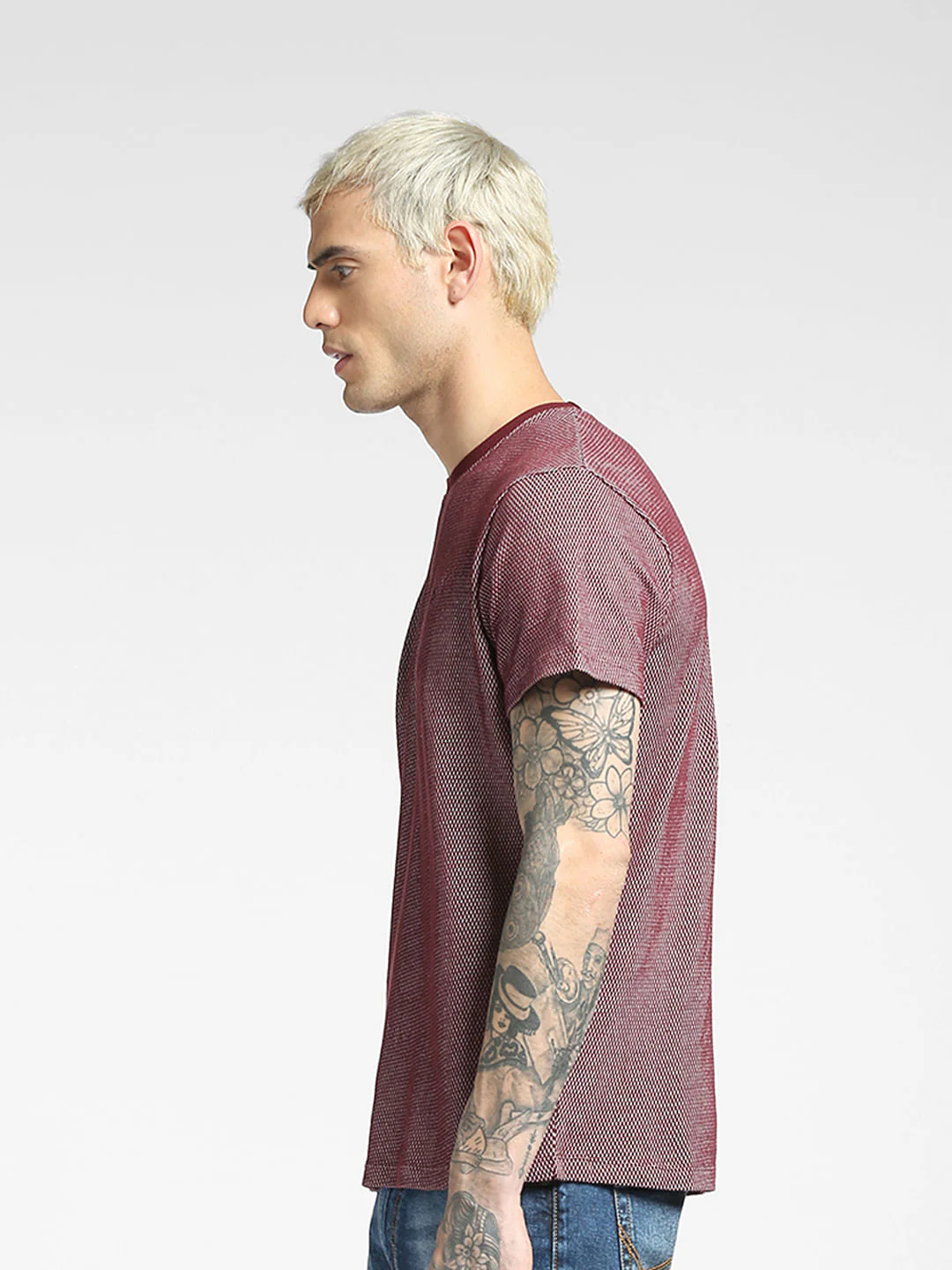 Maroon Jacquard Crew Neck T-shirt - Image 3