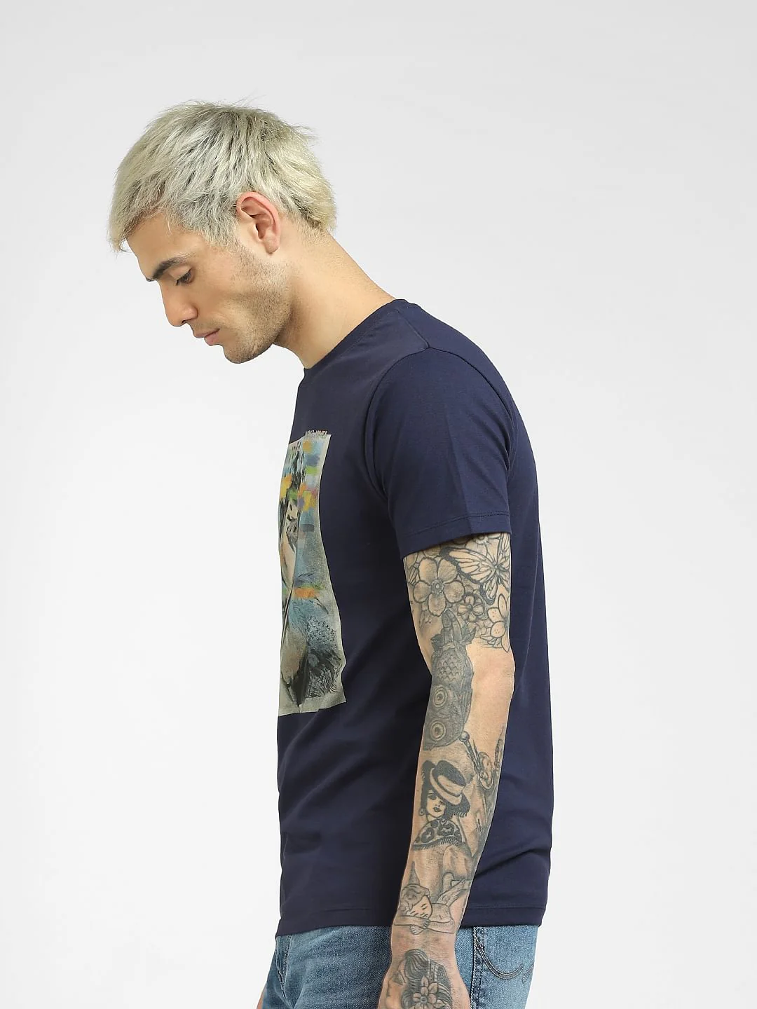 Blue Graphic Print Crew Neck T-shirt - Image 3