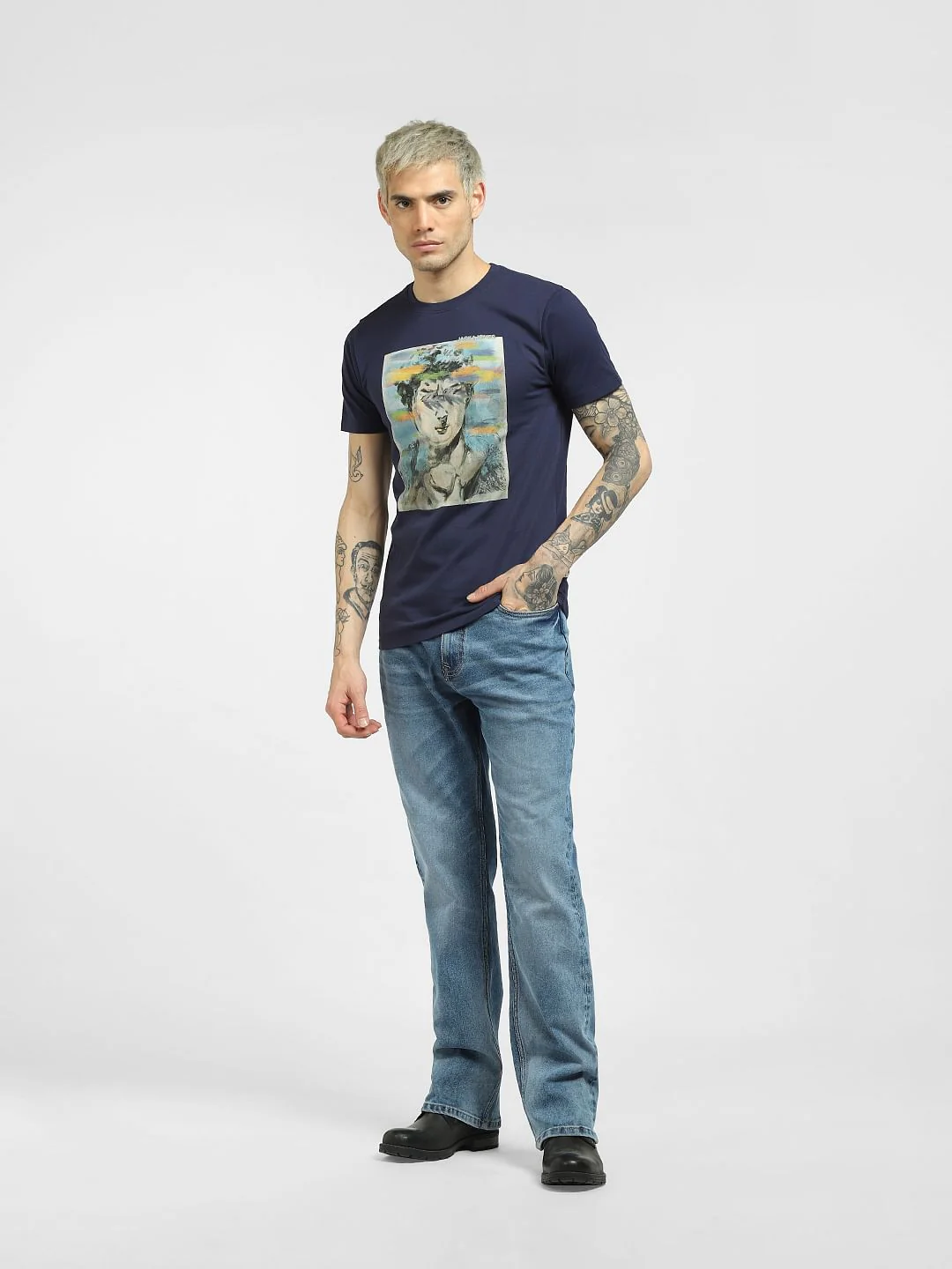 Blue Graphic Print Crew Neck T-shirt - Image 6