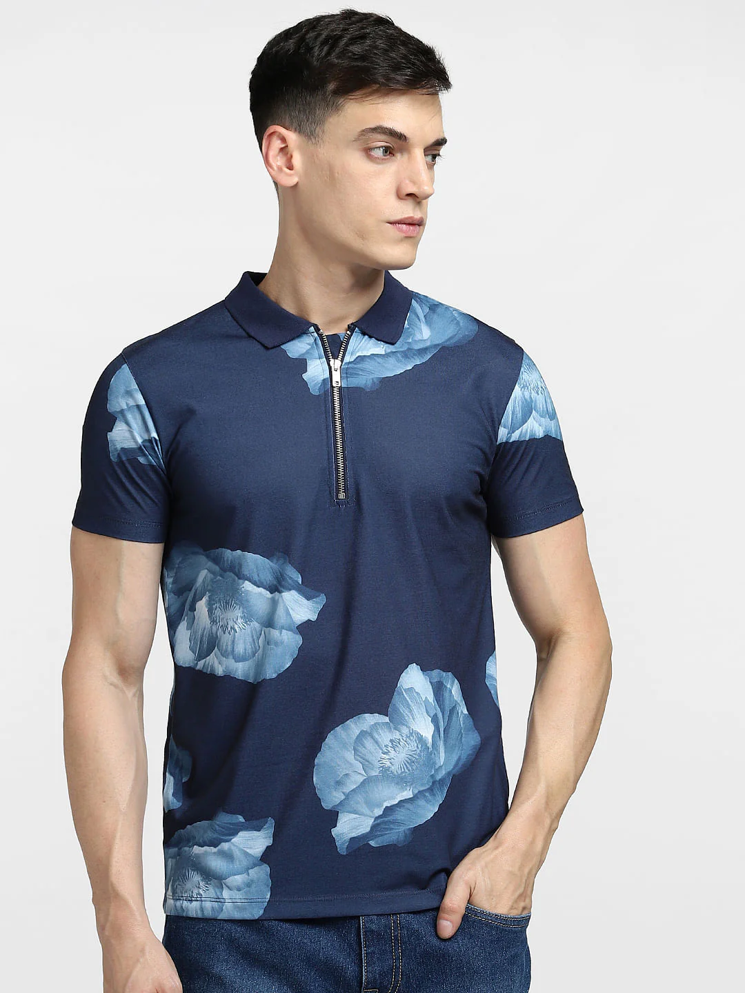 Blue Abstract Print Polo T-shirt - Image 2