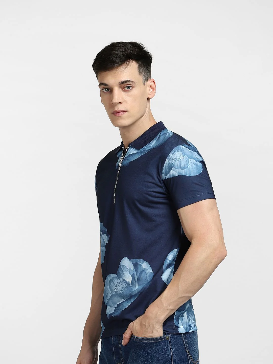 Blue Abstract Print Polo T-shirt - Image 3