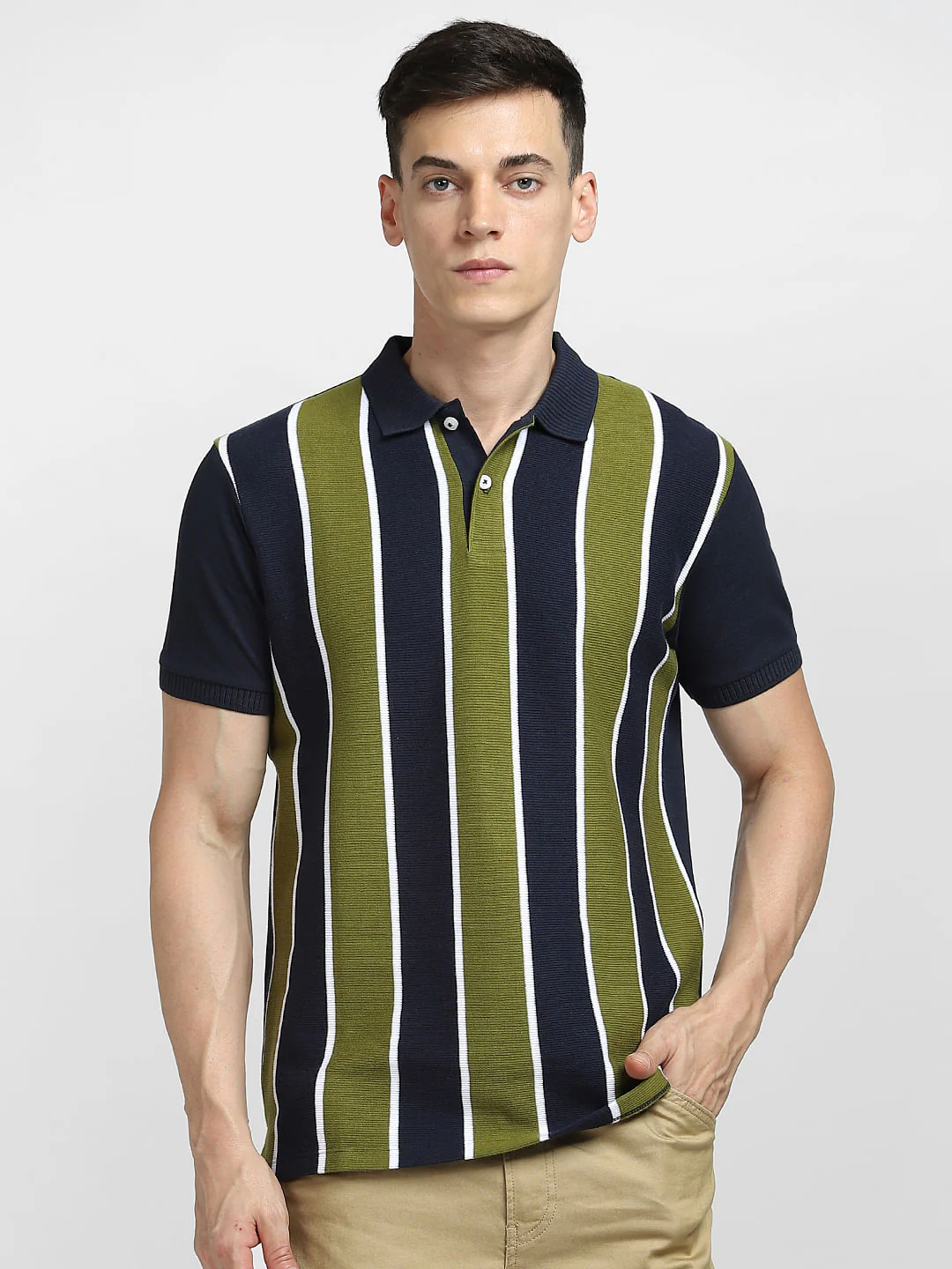 Green Striped Polo Neck T-shirt - Image 2