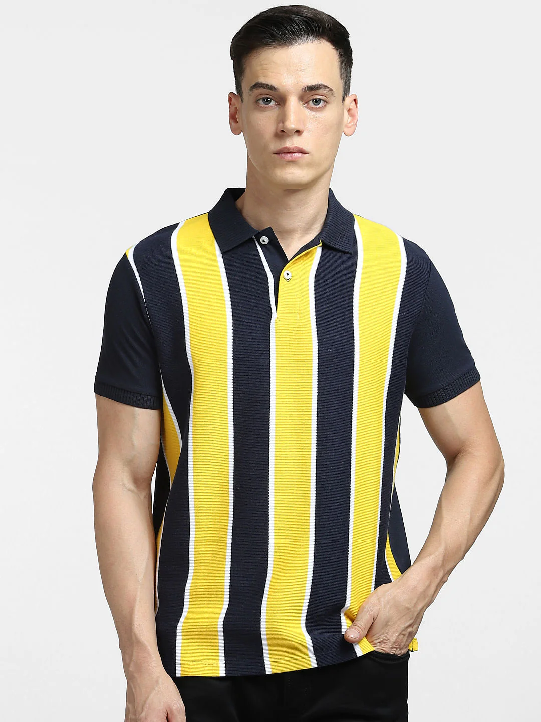 Yellow Striped Polo Neck T-shirt - Image 2