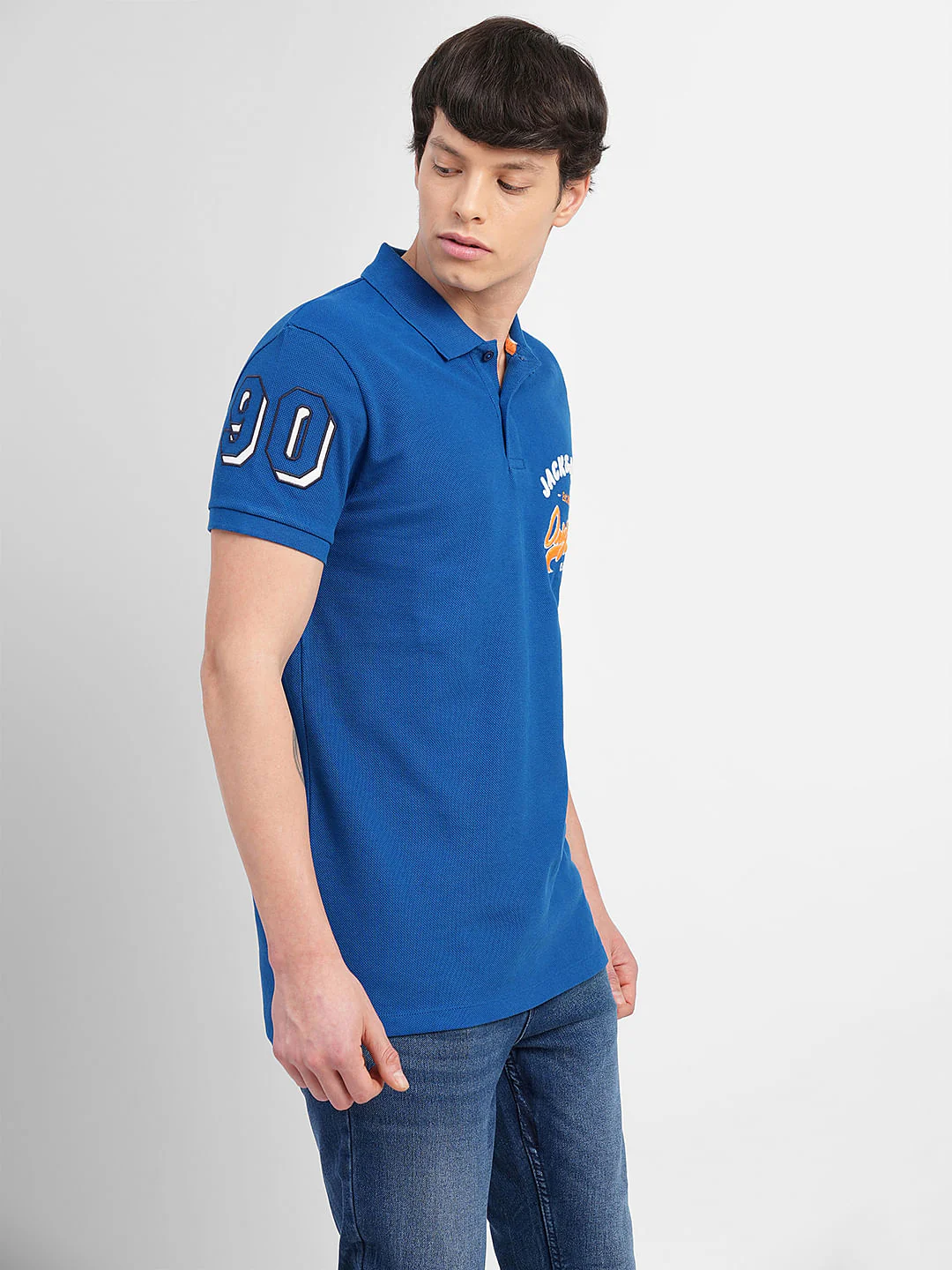 Blue Embroidered Print Polo T-shirt - Image 3