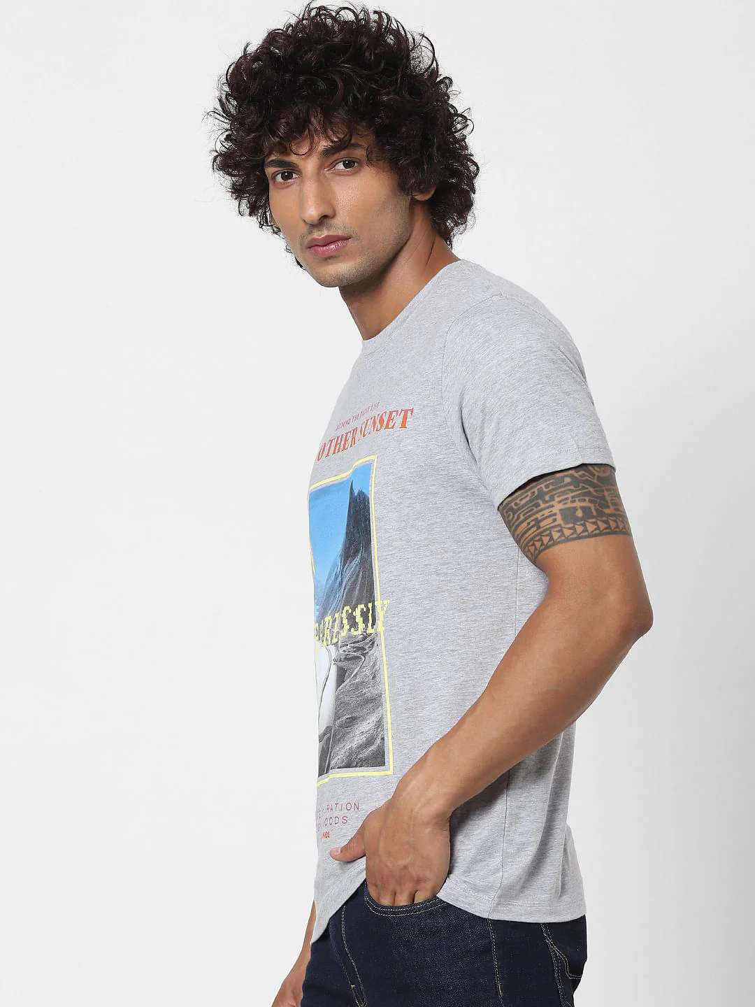 Grey Graphic Print Crew Neck T-shirt - Image 3