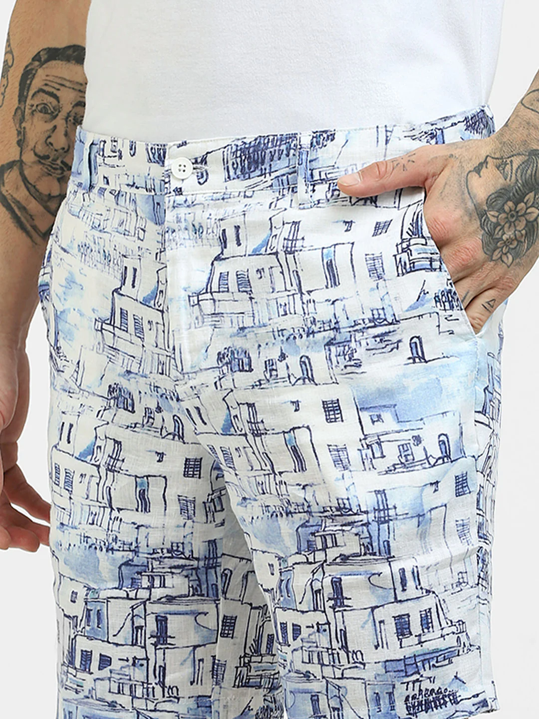 White Printed Linen Shorts - Image 5