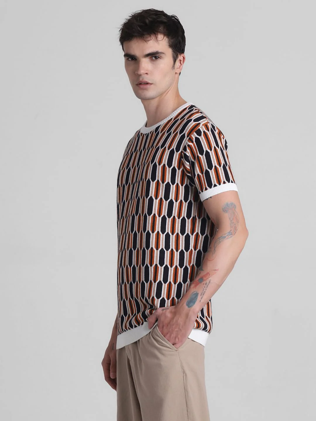 Brown Printed Jacquard T-shirt - Image 3