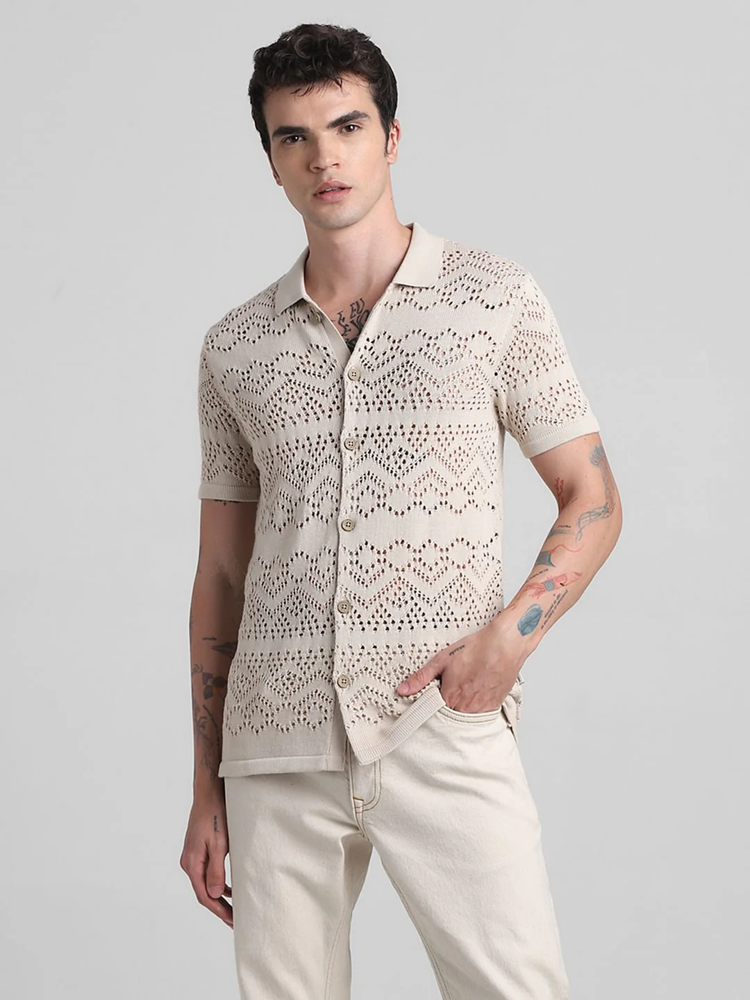 Beige Jacquard Cotton Polo T-shirt - Image 2