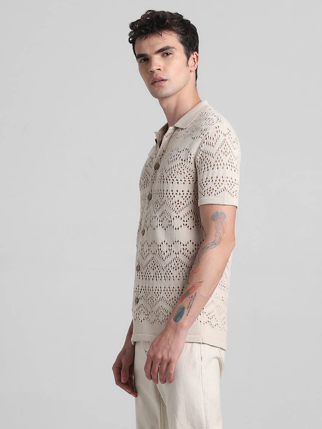 Beige Jacquard Cotton Polo T-shirt - Image 3