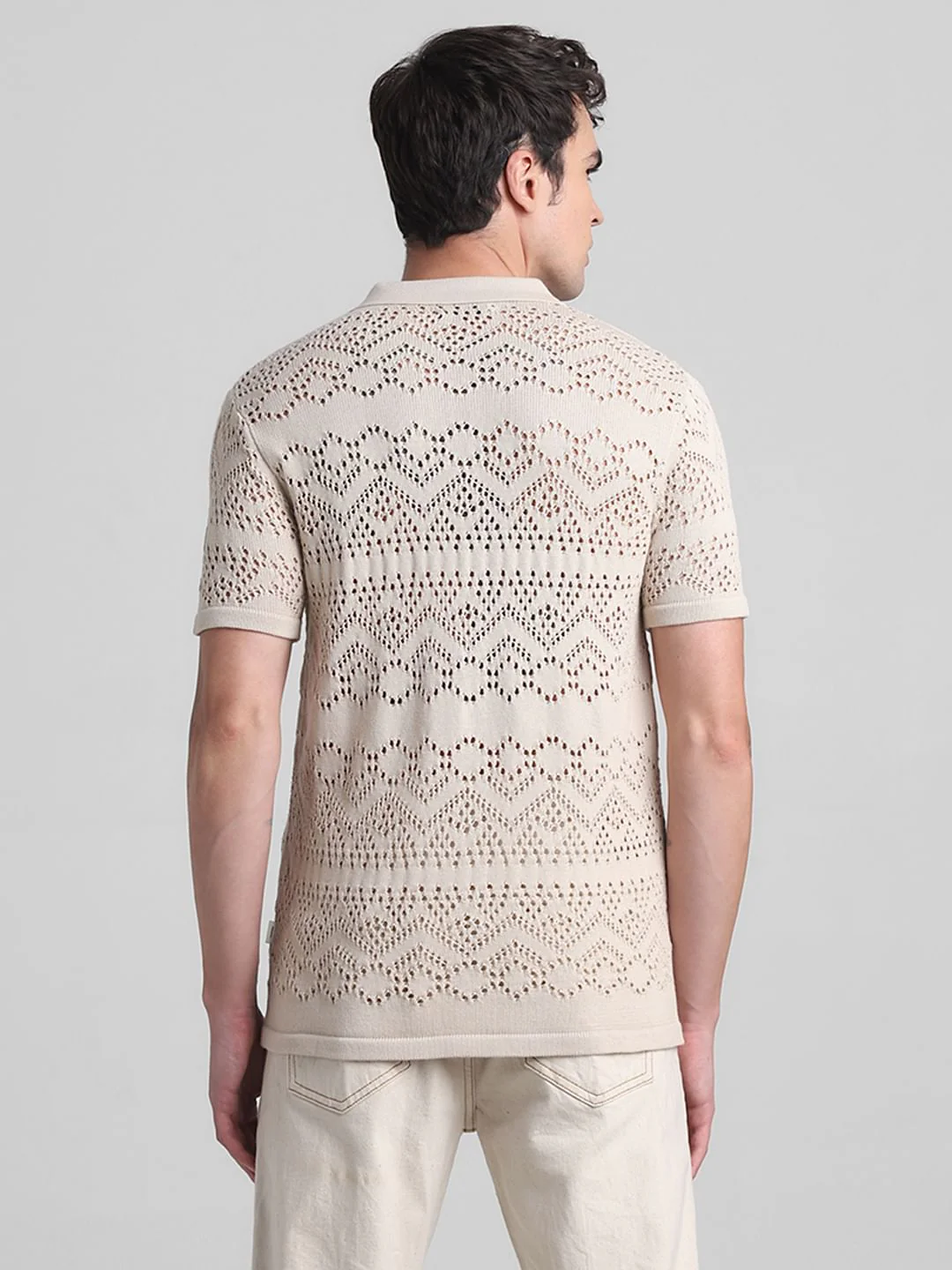 Beige Jacquard Cotton Polo T-shirt - Image 4