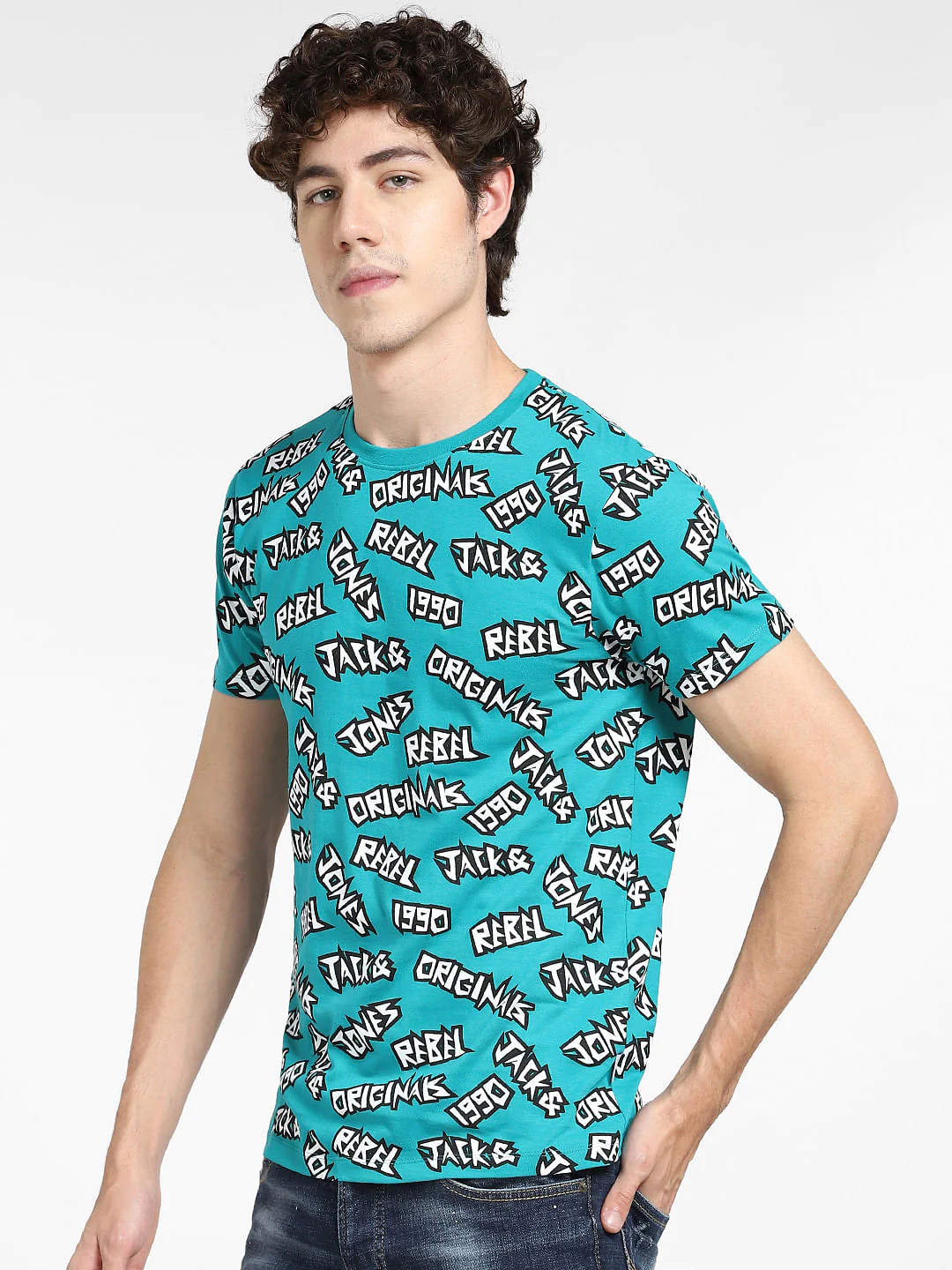 Teal Blue Printed Crew Neck T-shirt - Image 3