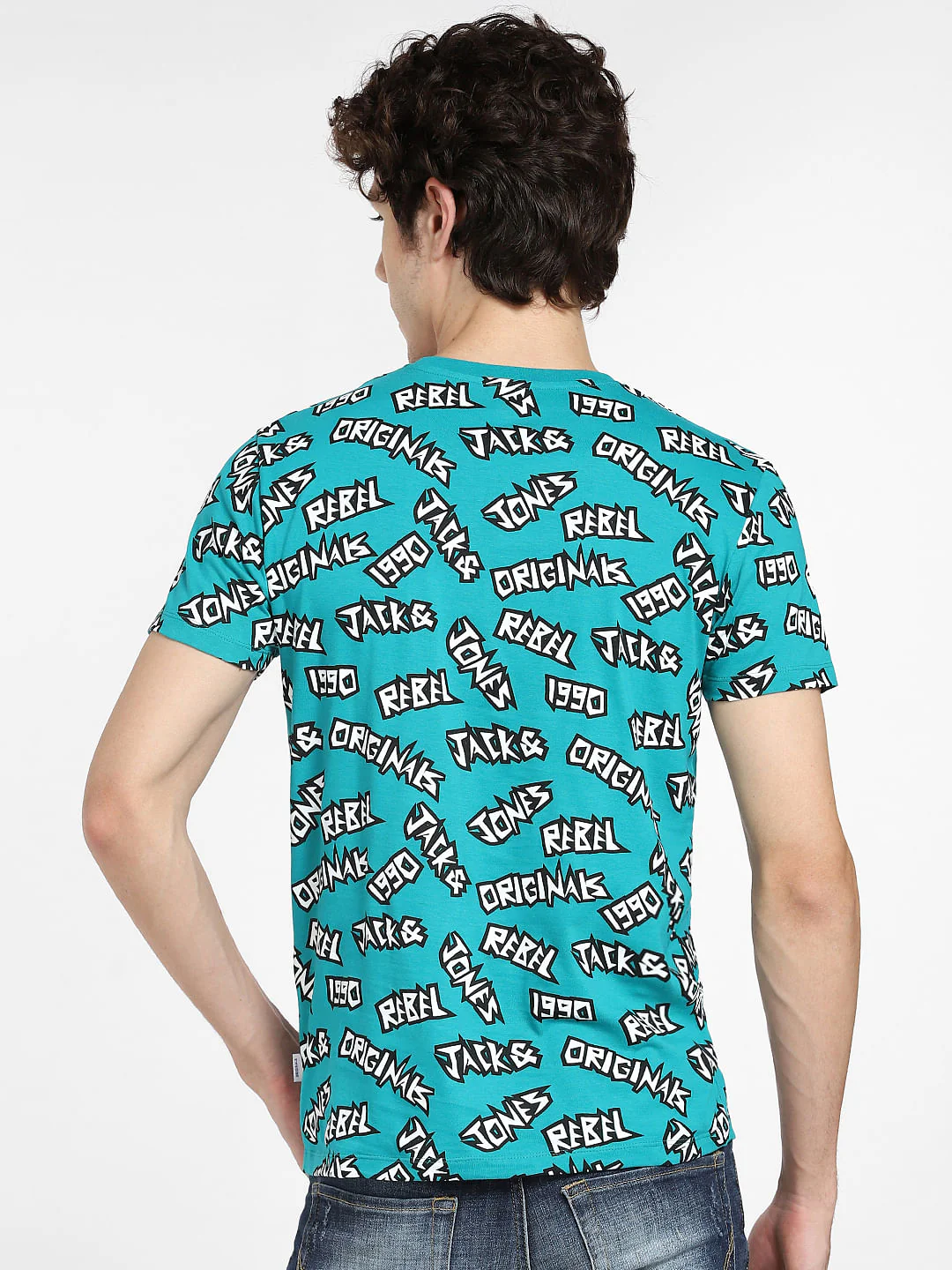 Teal Blue Printed Crew Neck T-shirt - Image 4