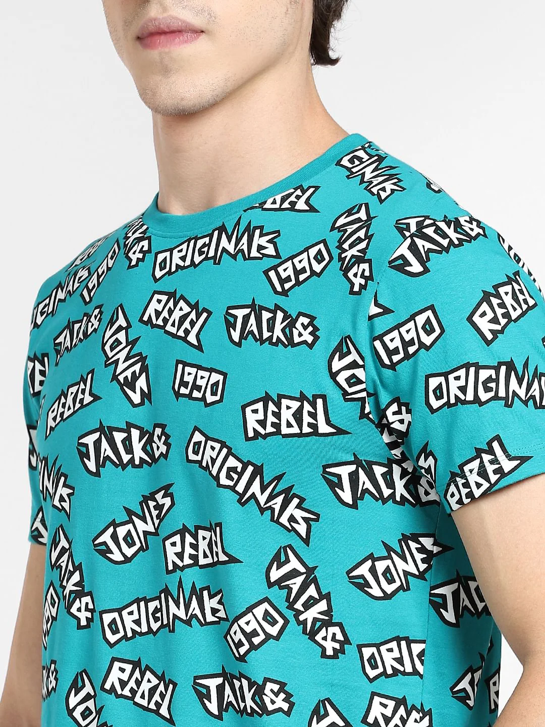Teal Blue Printed Crew Neck T-shirt - Image 5