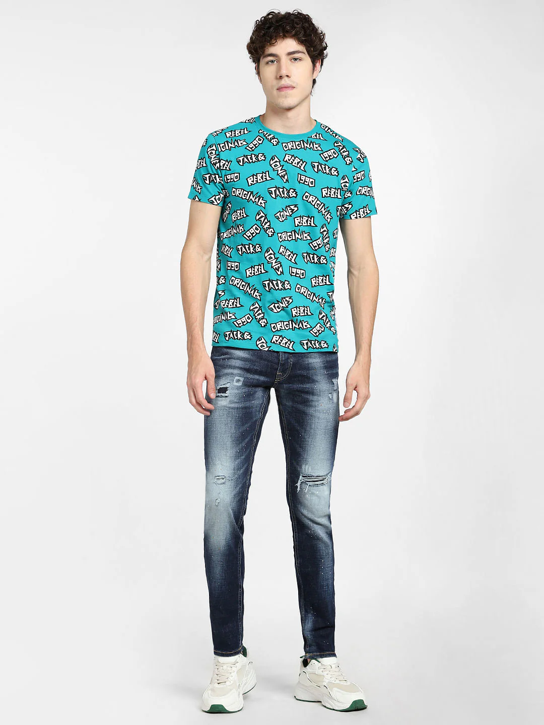 Teal Blue Printed Crew Neck T-shirt - Image 6