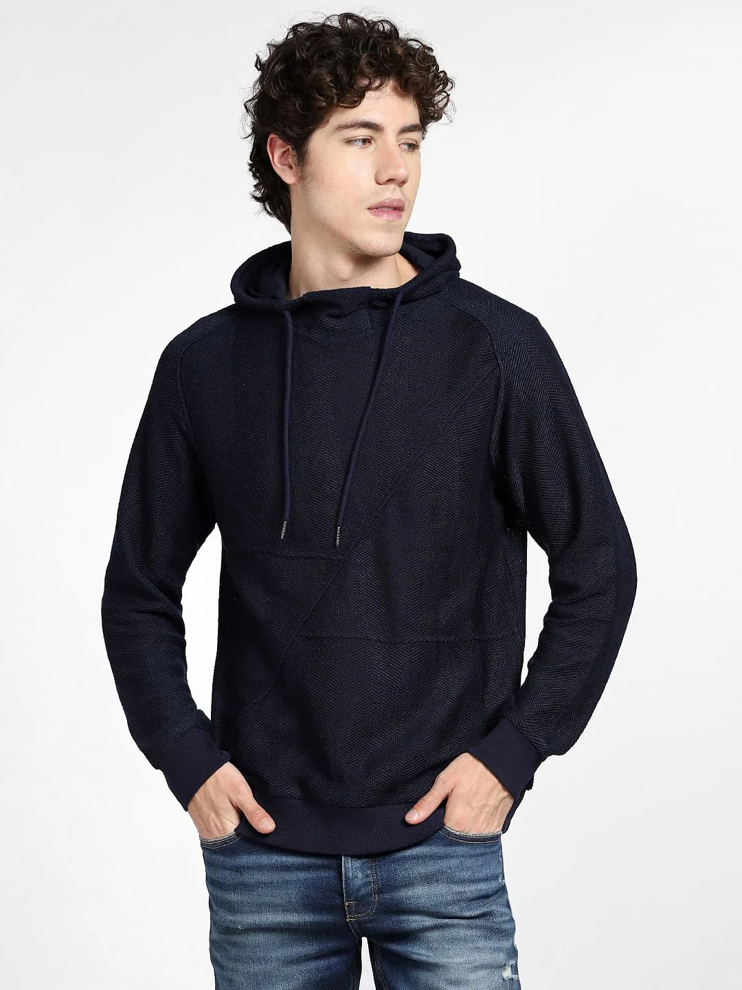 Navy Blue Textured Hooded Sweatshirt - Image 2