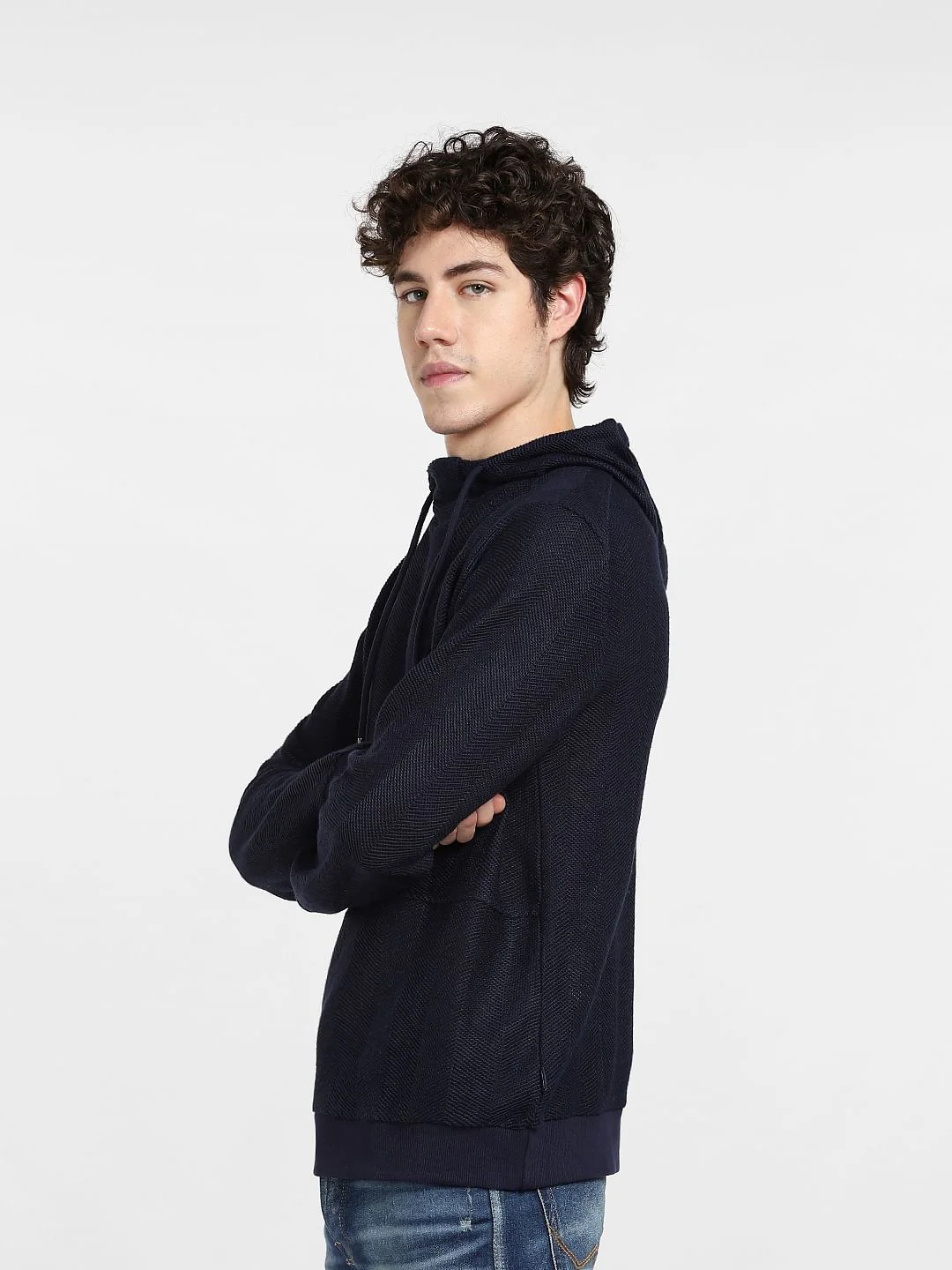 Navy Blue Textured Hooded Sweatshirt - Image 3