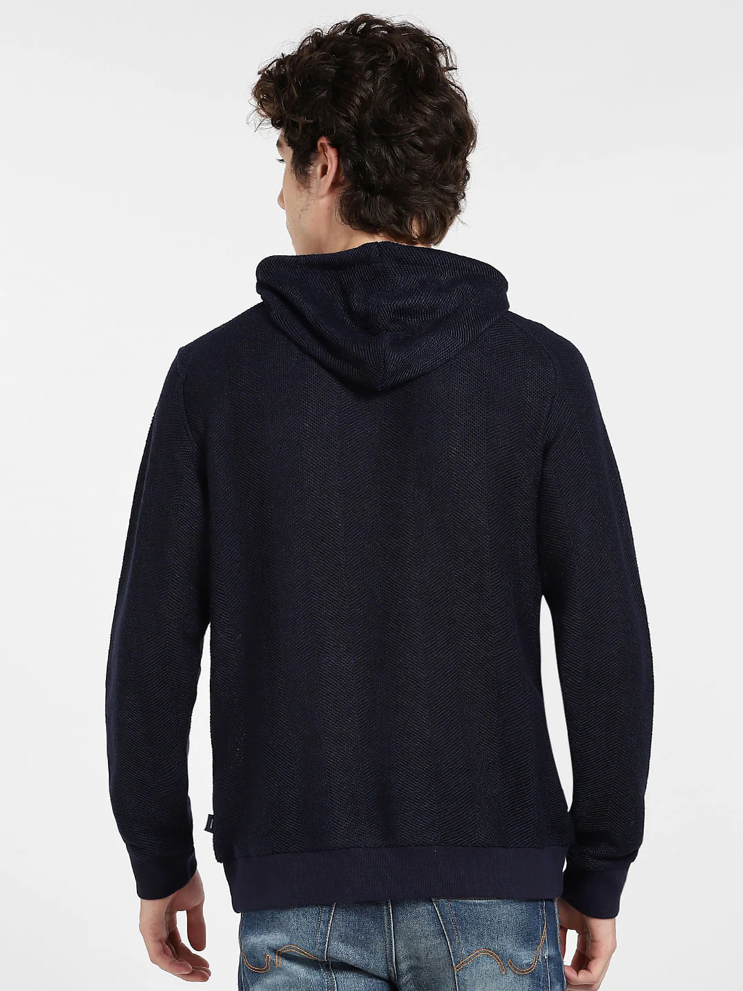 Navy Blue Textured Hooded Sweatshirt - Image 4