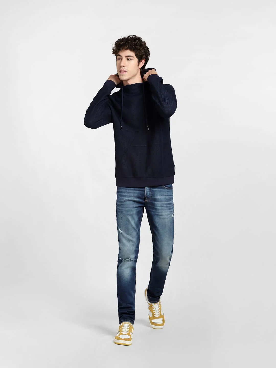 Navy Blue Textured Hooded Sweatshirt - Image 6