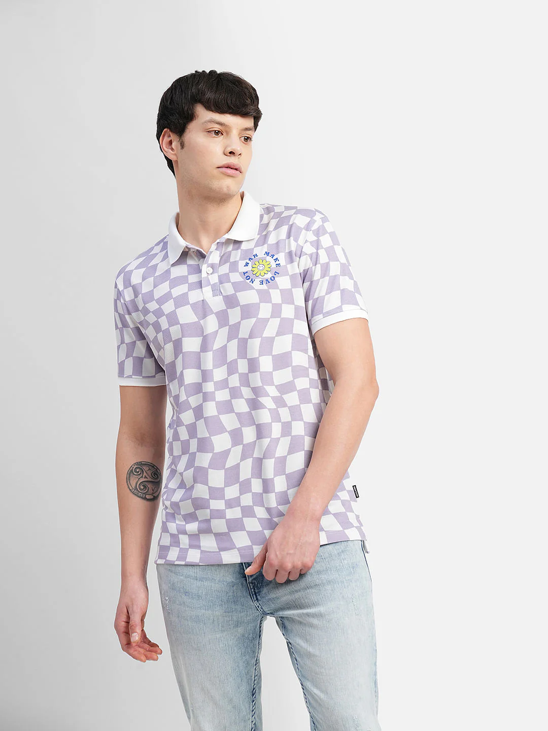 Purple Check Print Polo Neck T-shirt - Image 2