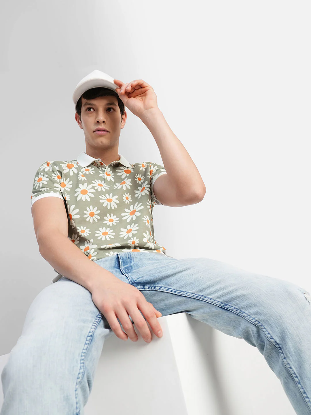 White Floral Print Polo Neck T-shirt